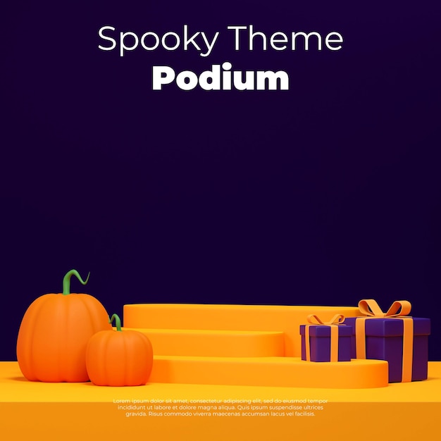 Makieta sceny halloween renderowania 3d żółtych kroków podium w kwadracie z pudełkiem prezentowym i dynią