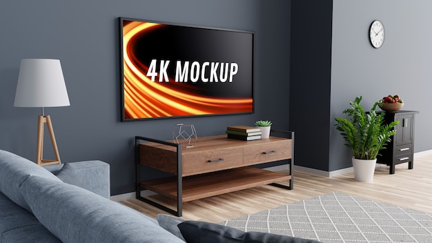 Makieta Smart TV na szafce w nowoczesnym salonie w renderowaniu 3D