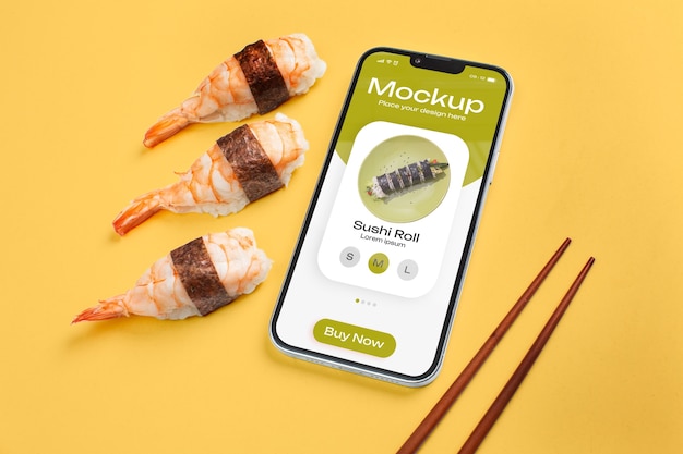 PSD makieta smartfona z dostawą sushi