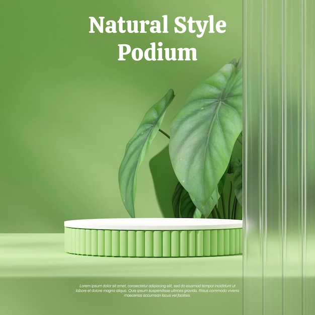 makieta szablonu biało-zielone podium w kwadratowej roślinie doniczkowej caladium i renderowaniu szkła 3d