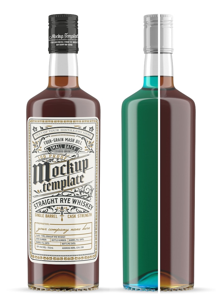 PSD makieta szklanej butelki whisky na białym tle
