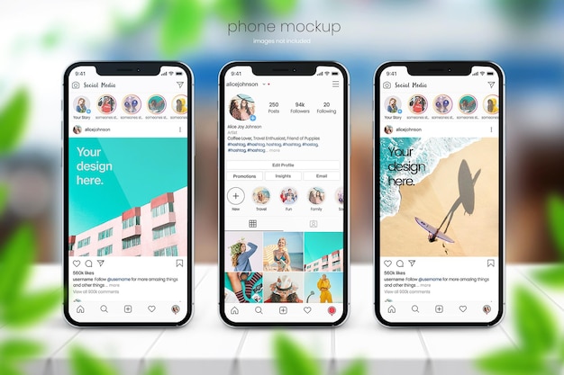 Makieta telefonu na Instagramie z trzech telefonów