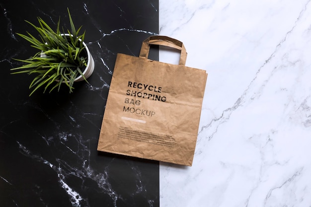 Makieta torby papierowej z recyklingu i widok z góry rośliny