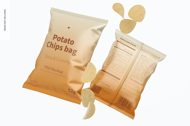 PSD makieta torebek na chipsy ziemniaczane, spadające