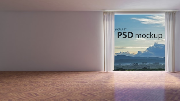 Makieta wnętrz z dużym oknem i pustą ścianą
