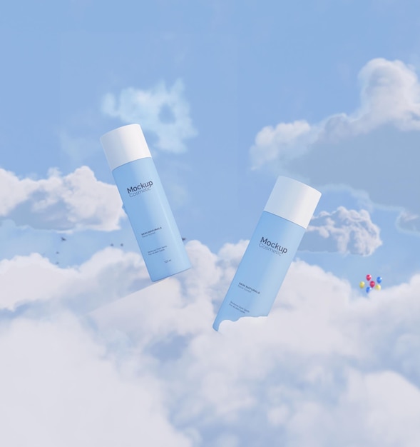 PSD makiety butelek kosmetycznych nad chmurami