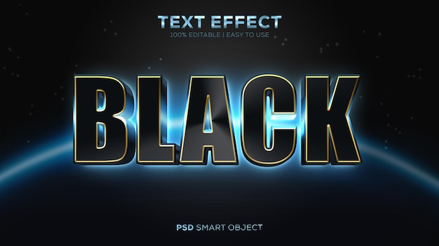 Makkelijk te gebruiken en bewerkbaar zwart psd-teksteffect met glanzend blauw verloop en gouden kleur