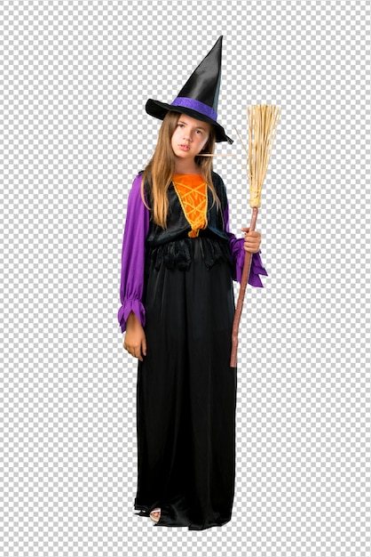 PSD mała dziewczynka ubrana jak czarownica na święta halloween niezadowolony i sfrustrowany czymś
