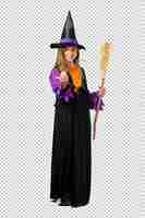 PSD mała dziewczynka ubrana jak czarownica na święta halloween prezentacji i zapraszając do przyjścia