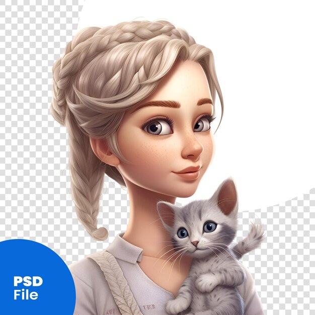 PSD mała dziewczynka z kotem na białym tle. renderowania 3d. szablon psd