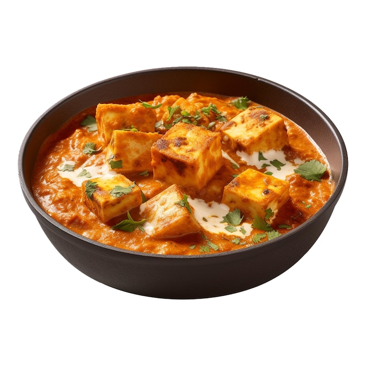 PSD malai paneer tikka in a gravy made using red gravy and green capsicum served in a bowl