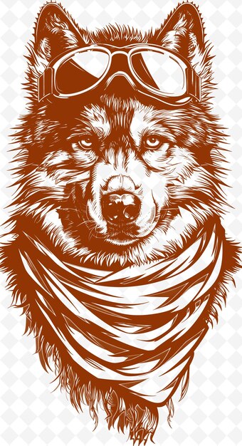 PSD malamute dog with a winter scarf and goggles looking ready f animals sketch art vector collections