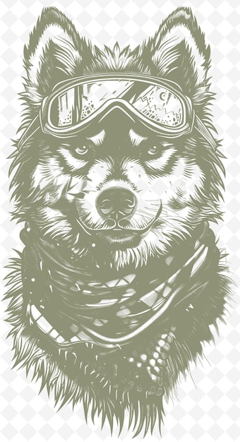 PSD malamute dog with a winter scarf and goggles looking ready f animals sketch art vector collections