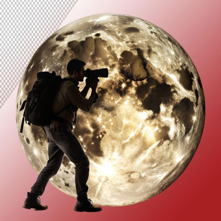 PSD male adventure photographer with moon logo design isolated on transparent background