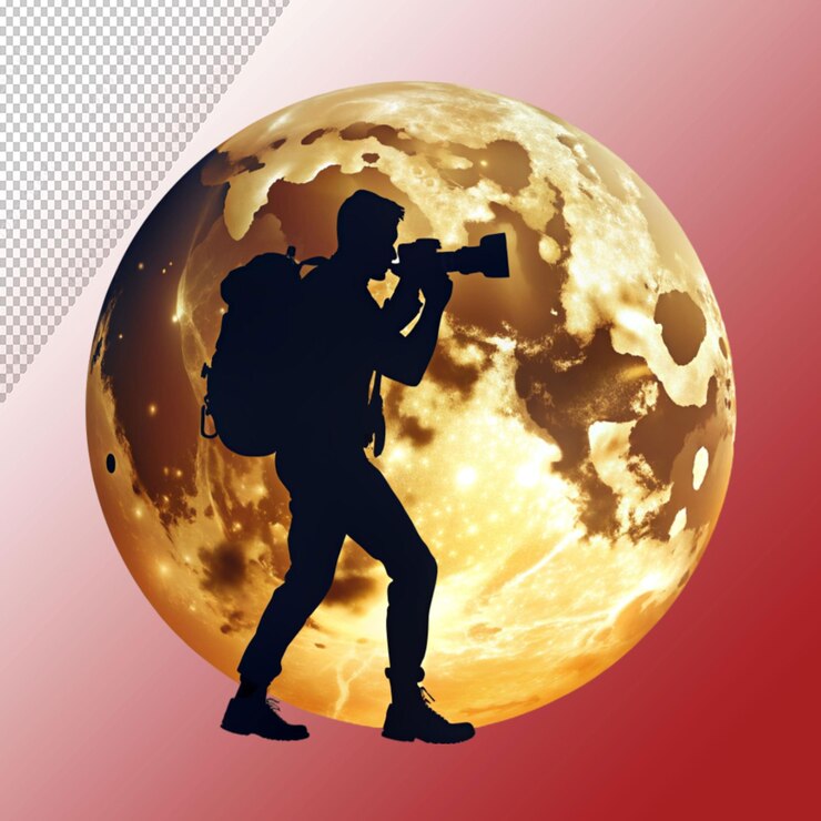 PSD male adventure photographer with moon logo design isolated on transparent background