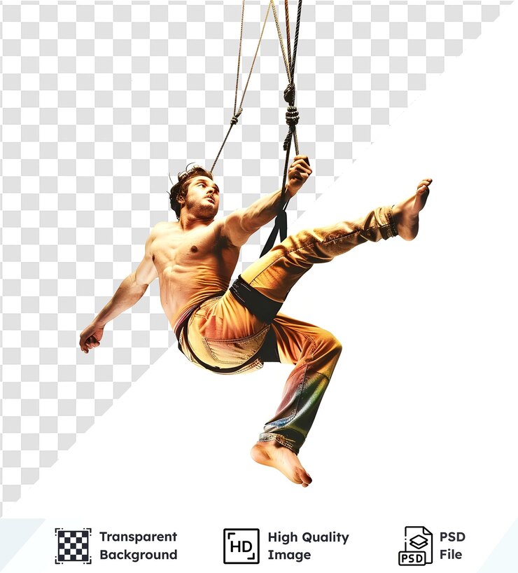 PSD male aerial acrobat performing graceful stunt on ropes photo