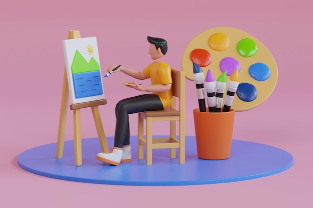 筆で絵を描く 3D イラスト アーティストの絵画