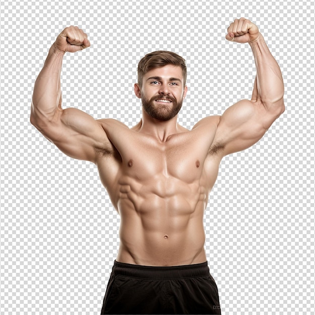 PSD male athlete flexing muscle isolated on transparent background