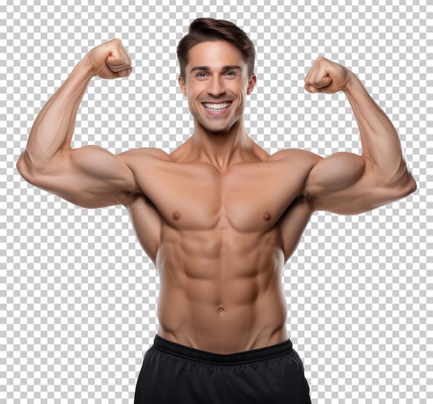 PSD male athlete flexing muscle isolated on transparent background