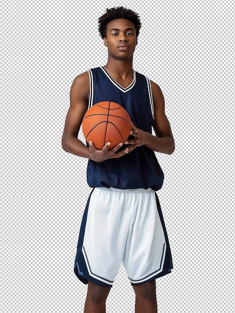 male basketball player gripping ball with determination