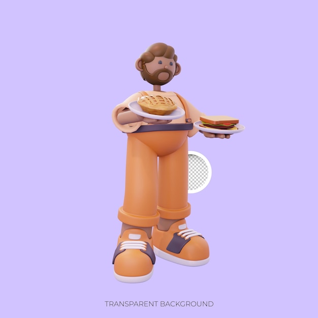 PSD personaggio maschile che porta una torta e un pane a destra