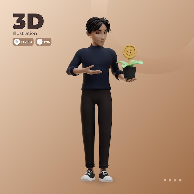 PSD 1ドル硬貨で鍋を保持している男性キャラクター3dイラスト