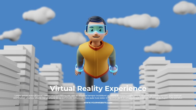 Male character using vr flying on the buildings 3d illustration