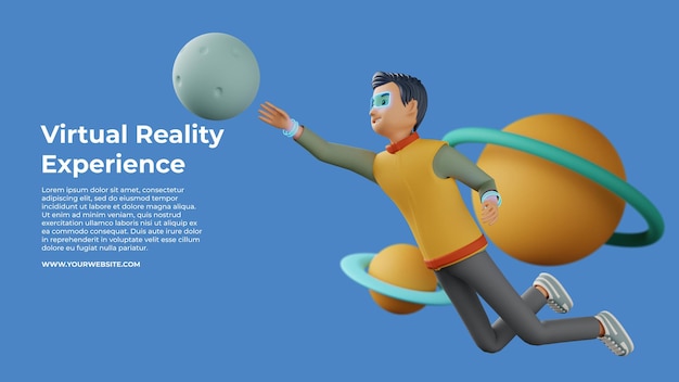 Male character using vr flying in space 3d illustration