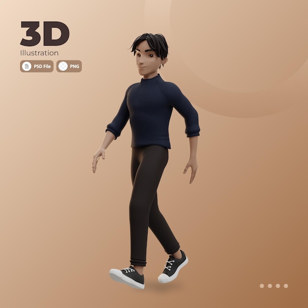 PSD male character walking 3d illustration