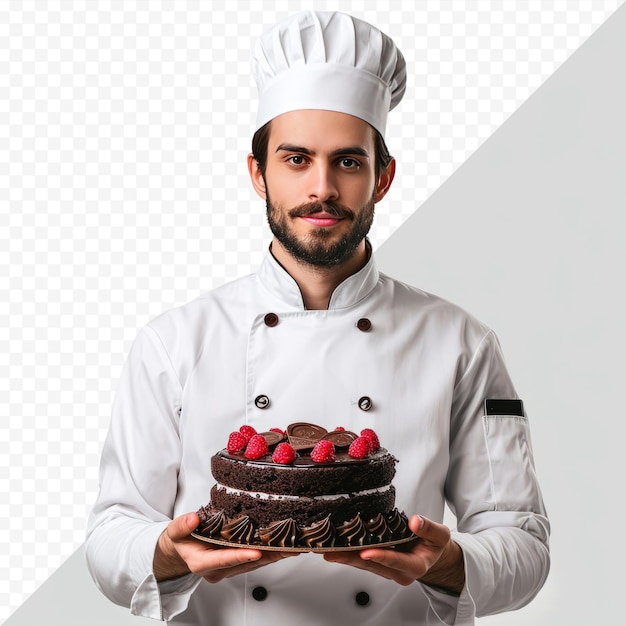 Male cook in uniform and hat with cake chocolate cake