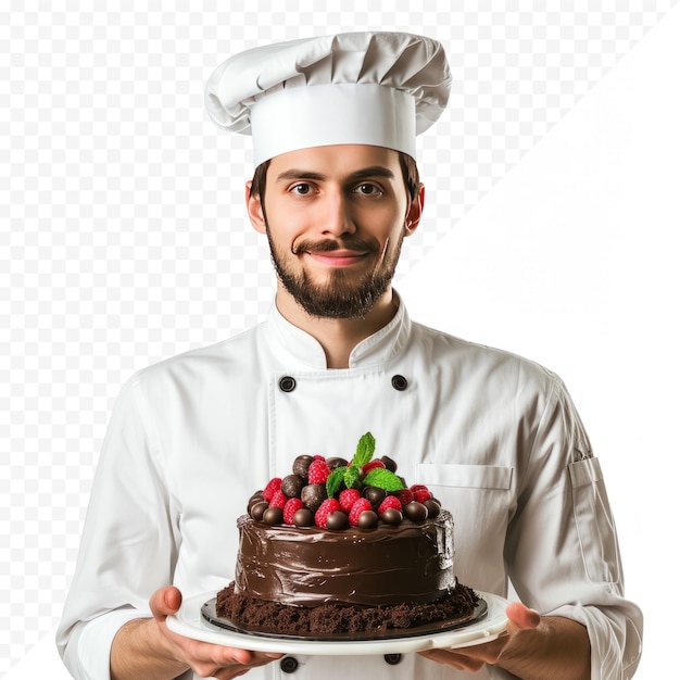 Male cook in uniform and hat with cake chocolate cake