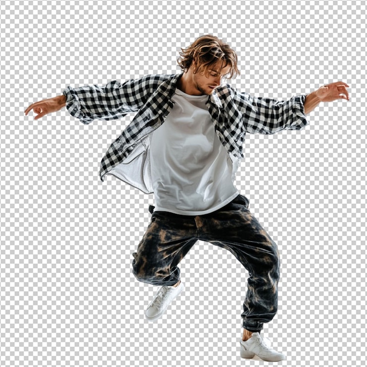 PSD ストリート服を着た男性ダンサーが白い背景でパフォーマンスをしている