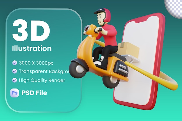 PSD male delivery courier deliver online order through smartphone 3d illustration