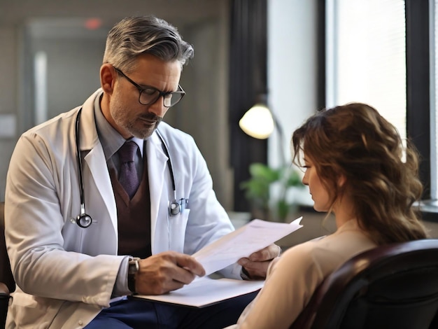 A male doctor sitting her hospital office chair and looking at her patient treatment document