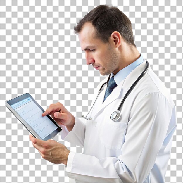 PSD male doctor working on digital tablet