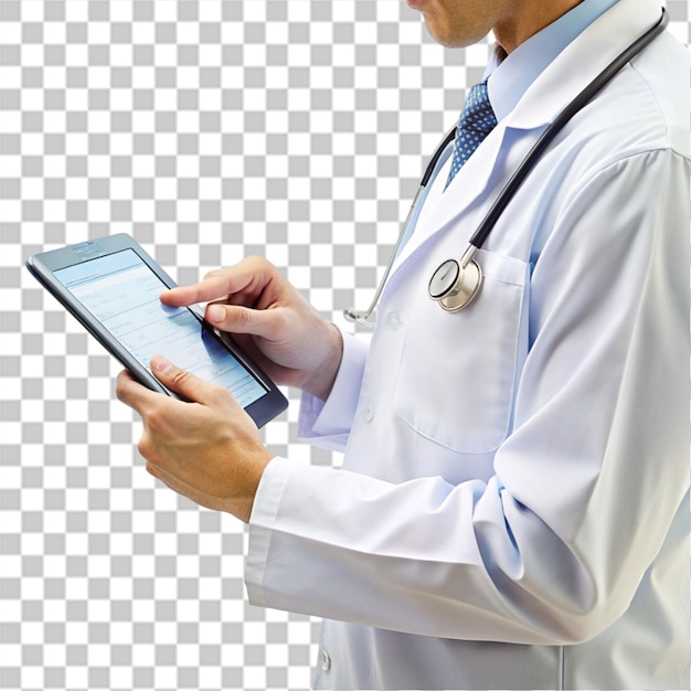 PSD male doctor working on digital tablet