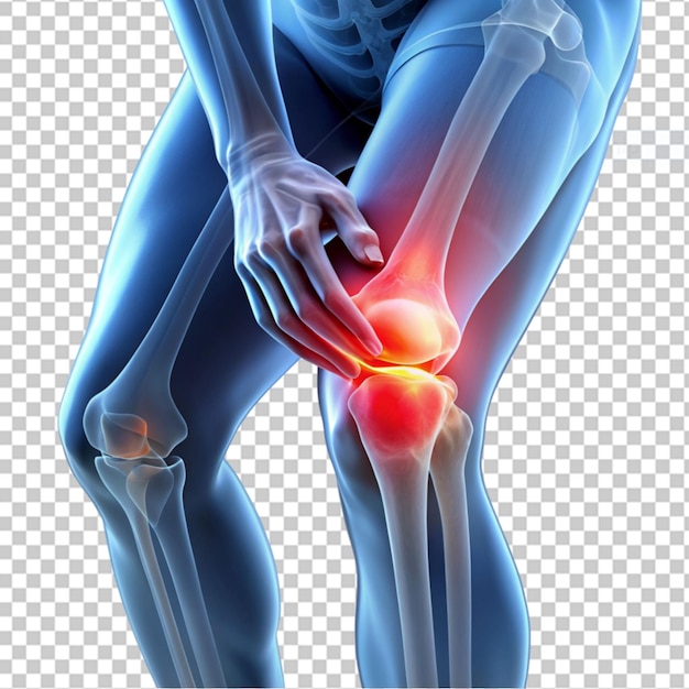 PSD male figure with knee highlighted in pain on transparent background