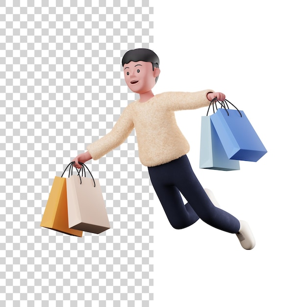 Male flying with bags 3d illustration