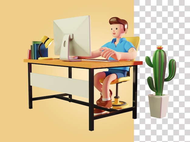 Male freelancer working on computer 3d illustration