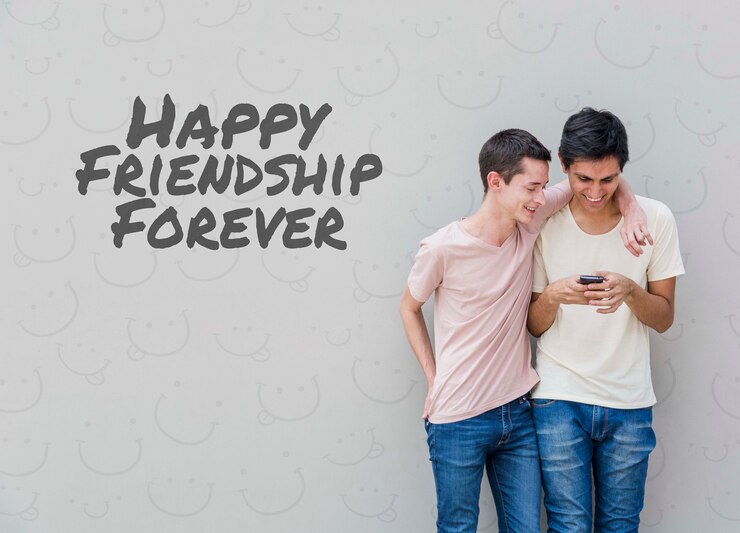PSD male friends looking at smartphone