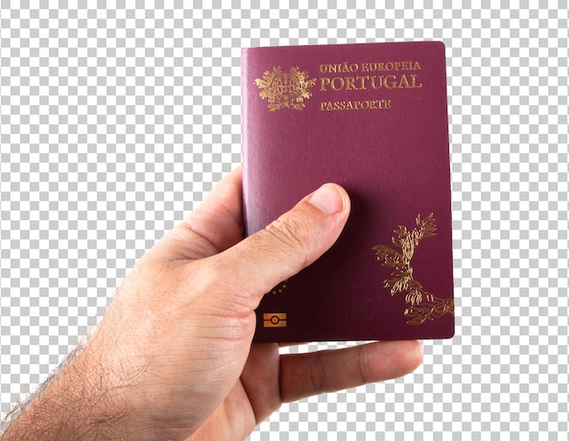 Mano maschile che tiene passaporto portoghese su sfondo bianco