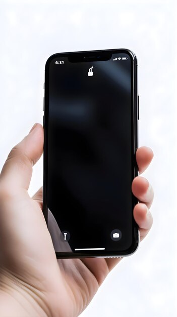 PSD male hand holding a smartphone with a blank screen on a white background