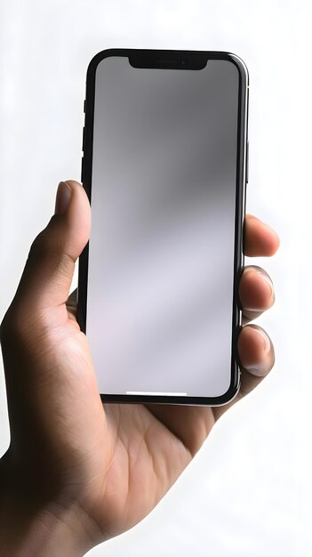 PSD male hand holding a smartphone with a blank screen on a white background