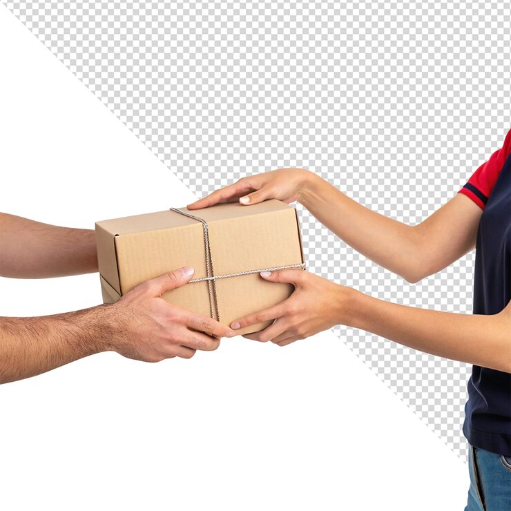PSD male hands giving and female hands receiving a package on transparent background