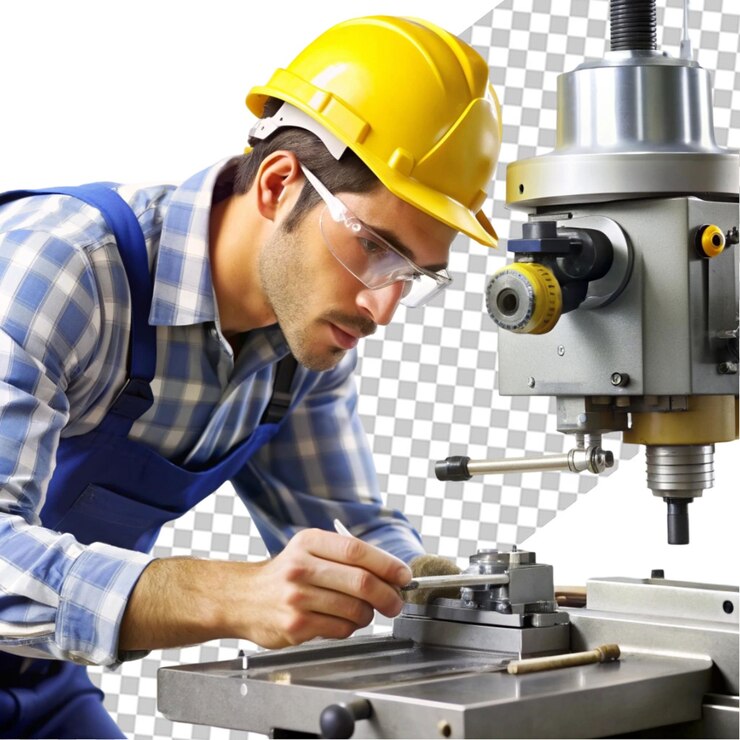 PSD male manual worker in blue helmet with digital tablet on transparency background psd