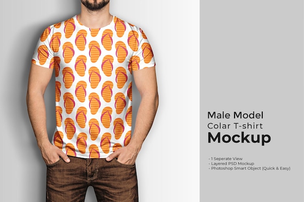 Modello maschile con colletto t-shirt mockup davanti