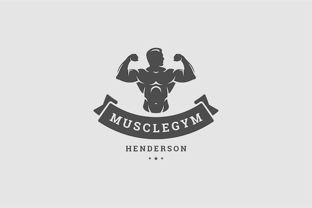 male muscular body monochrome silhouette fitness club logo design template with ribbon