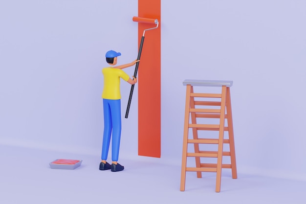 남성 화가 벽에 그림을 그리는 3D 일러스트레이션