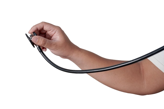 Male person of a doctor nurse holding stethoscope side view Listening gesture Cut out isolated