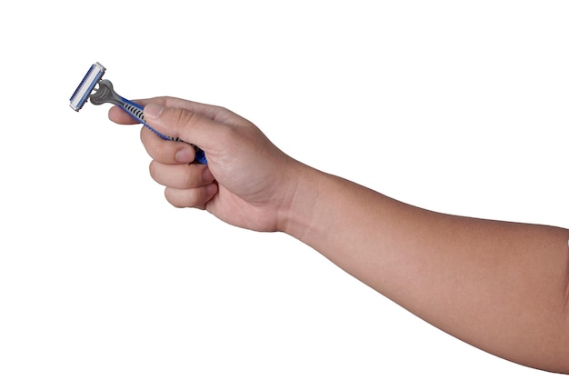 Male person hand holding shaving razor blade cut out isolated